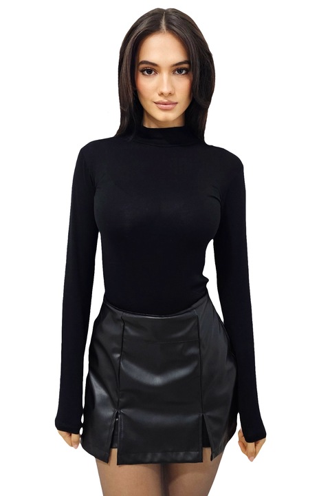 Fusta scurta pantalon TISHA, din piele ecologica, cu slituri laterale simetrice, Negru, FashionForYou, Negru