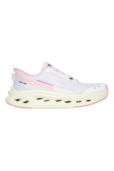 Skechers, Bebújós textil futócipő, Fehér/Sárga/Korallszín