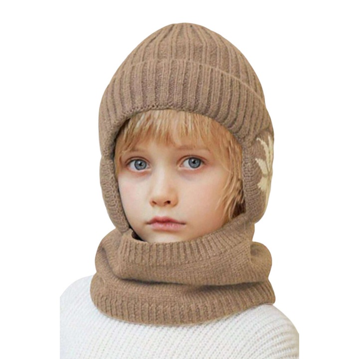 Caciula pentru copii, set doua piese, model cu acoperitori pentru urechi, fular asortat, tematica happy winter, 3 - 9 ani, maro deschis, EFAYN