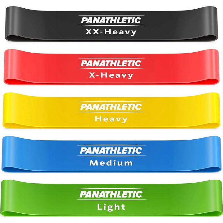 Set 5 benzi de rezistenta Panathletic, 60cm, 5cm, din latex natural, diverse niveluri de rezistenta