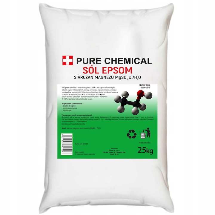 Английска сол, Pure Chemical, за вани, магнезиев сулфат, горчив, английска сол, 25кг
