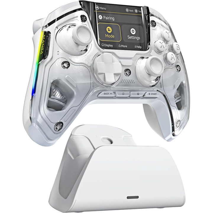 Vezeték nélküli vezérlő programozással, interaktív kijelző, mikrokapcsoló gombok, Hall Effect joystick, RGB LED lámpák, PC-hez, Switch, iOS, Android