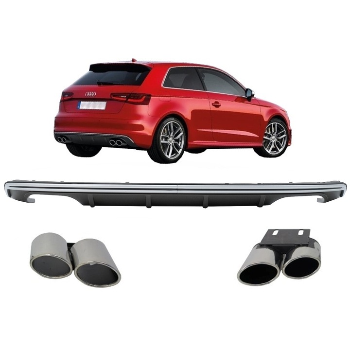 Hátsó lökhárító befúvó, kompatibilis az Audi A3 8V ferdehátú Sportback 2012-2015 S3 Design kipufogó burkolattal (CORDAUA38VHTY)