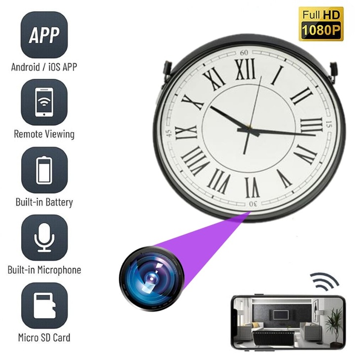 Шпионска камера, MCPAN01 скрита в стенен часовник, WIFI, 5MP, Full HD, аудио-видео запис и приложение на живо