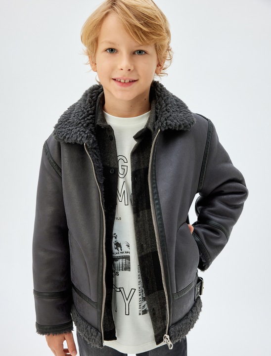 KOTON, Jacheta cu captuseala din blana shearling sintetica si buzunare laterale, Gri antracit, 146-152 CM