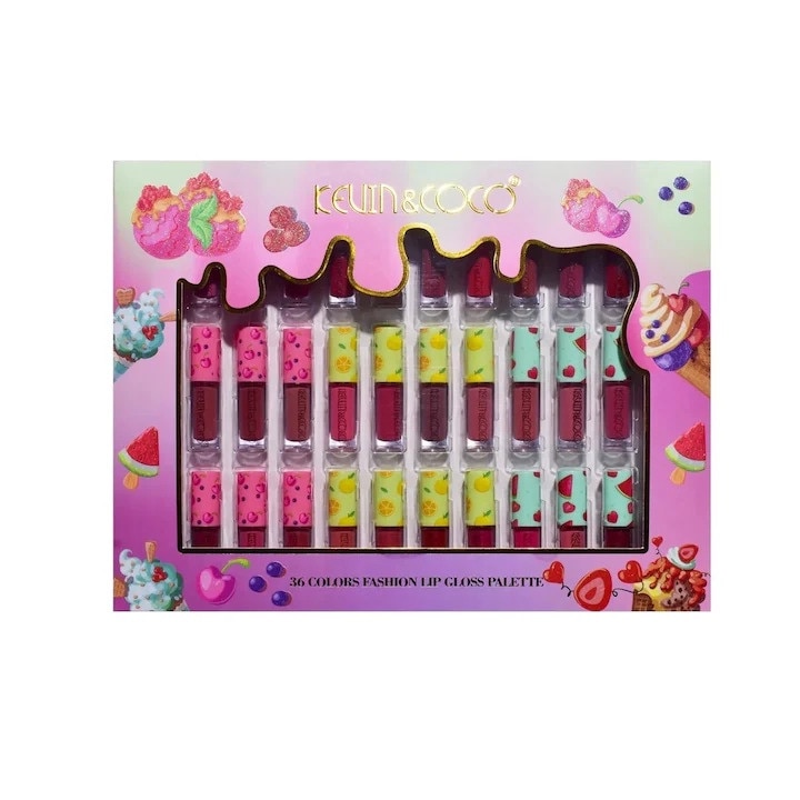 Set de Buze, 36 Lip Gloss-uri, Model Capac cu Fructe, 32.3 x 24.3