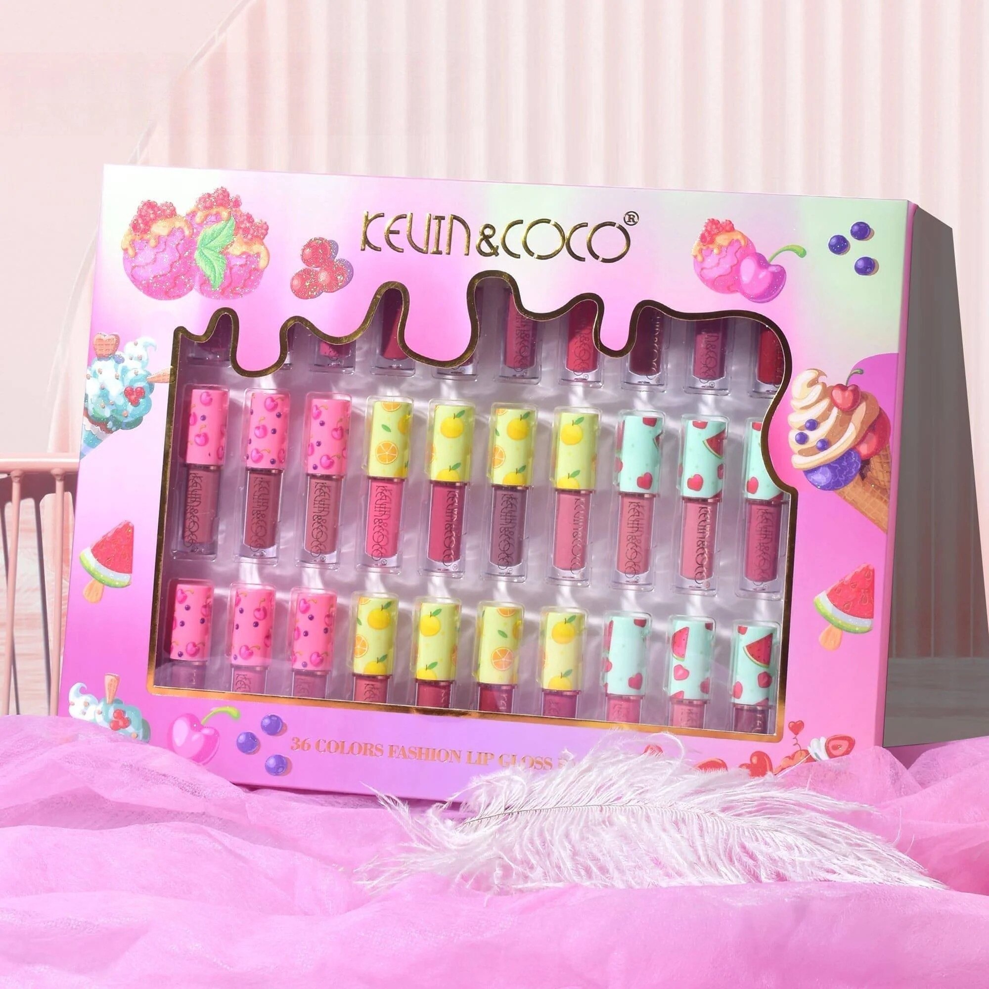 Set de Buze, 36 Lip Gloss-uri, Model Capac cu Fructe, 32.3 x 24.3