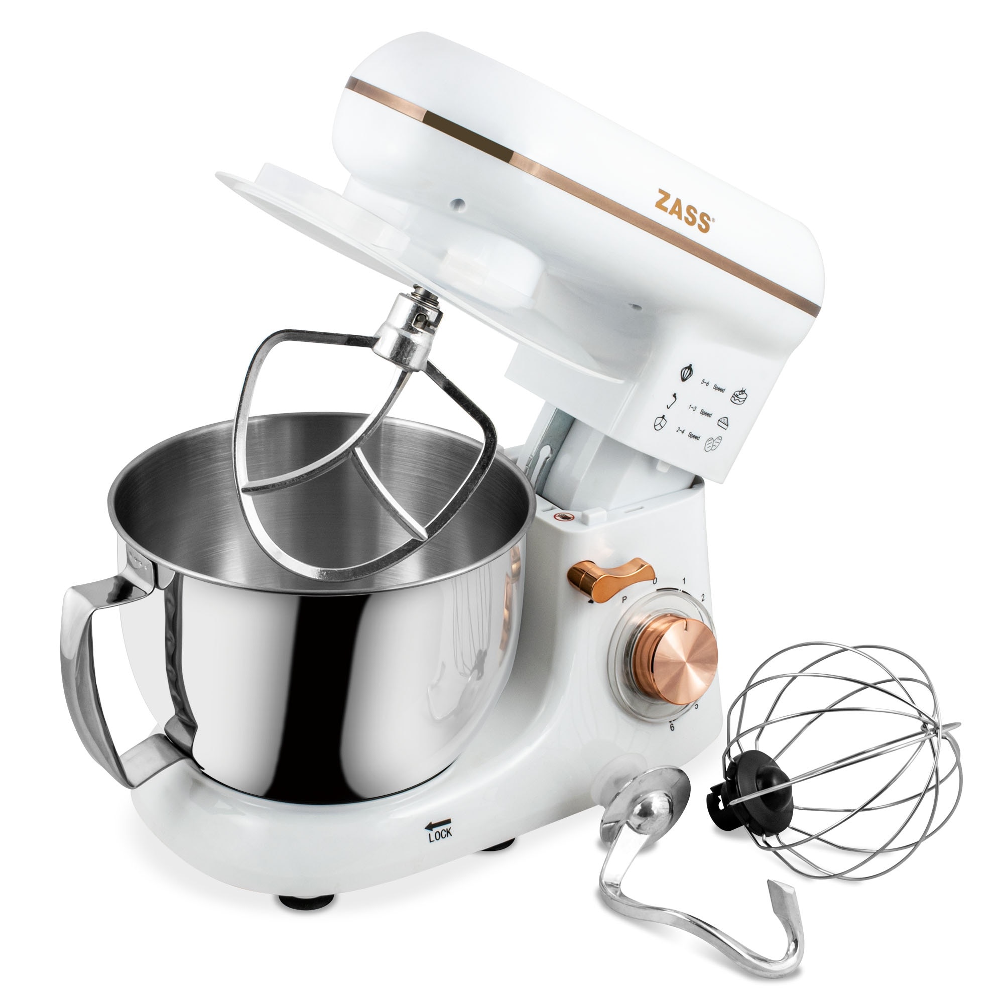 Pachet Mixer planetar Zass ZPSM 21 Rose Gold, culoare Alb cu Tava