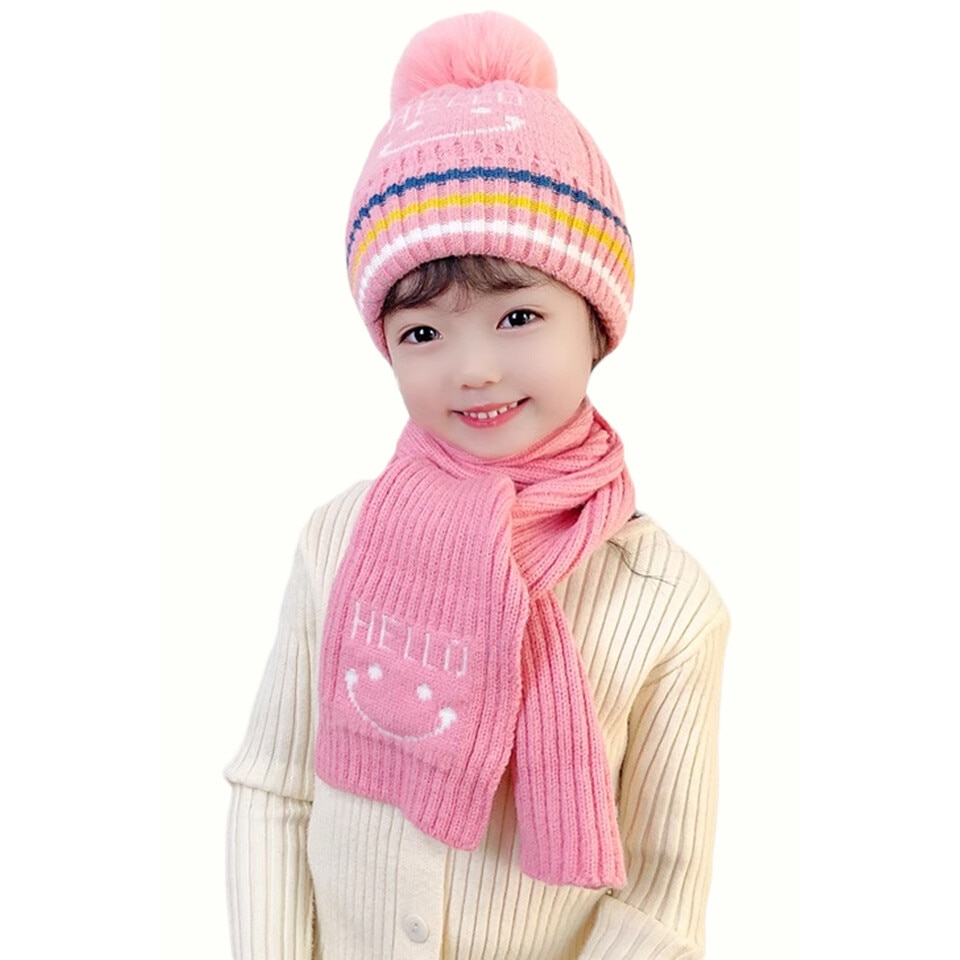 Caciula pentru copii, set doua piese, model hello cu pompom, fular ...