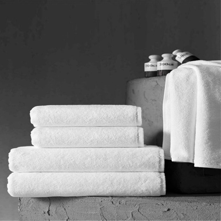 Set 5 prosoape premium, bumbac 100 %, dense, super pufoase din care 2 de maini 50x100 cm, 2 de corp 70x140 cm, 1 covoras baie, albe, certificat OEKO TEX, rezistente la spalati multiple