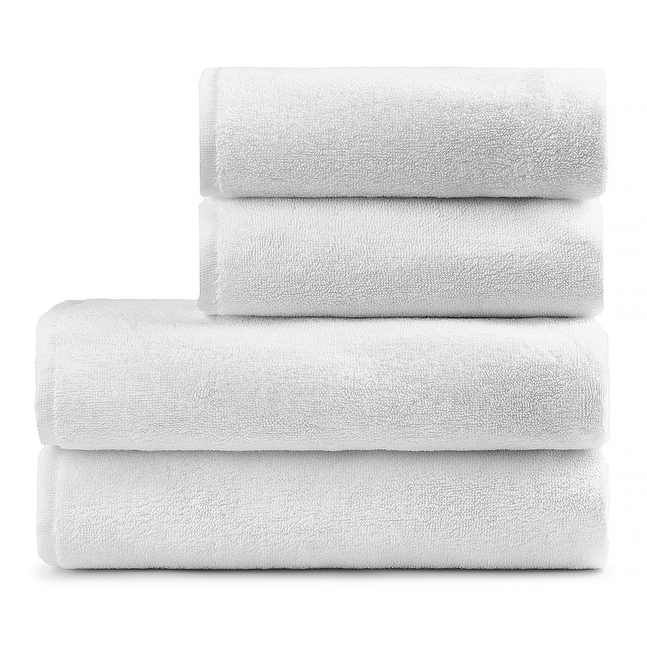 Set 4 prosoape calitate premium, 580 g/ m², 100 % bumbac, Pure Terry, certificat OEKO TEX, Prosop de baie 70x140 cm si prosop de maini 50x100 cm cate 2 bucati, moi, super absorbante, rezistente la spalari multiple, uscare rapida, culoare alba