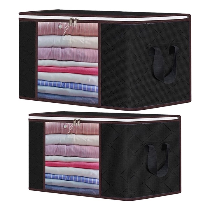 Комплект от 2 броя органайзери за дрехи, възглавници, юргани, играчки и други аксесоари на NEXTLY, сгъваема чанта за съхранение, прозорче, дишаща материя, голям капацитет, двойно затваряне с цип, 2 размера 30x60x40cm/30x70x50 M/L, черен