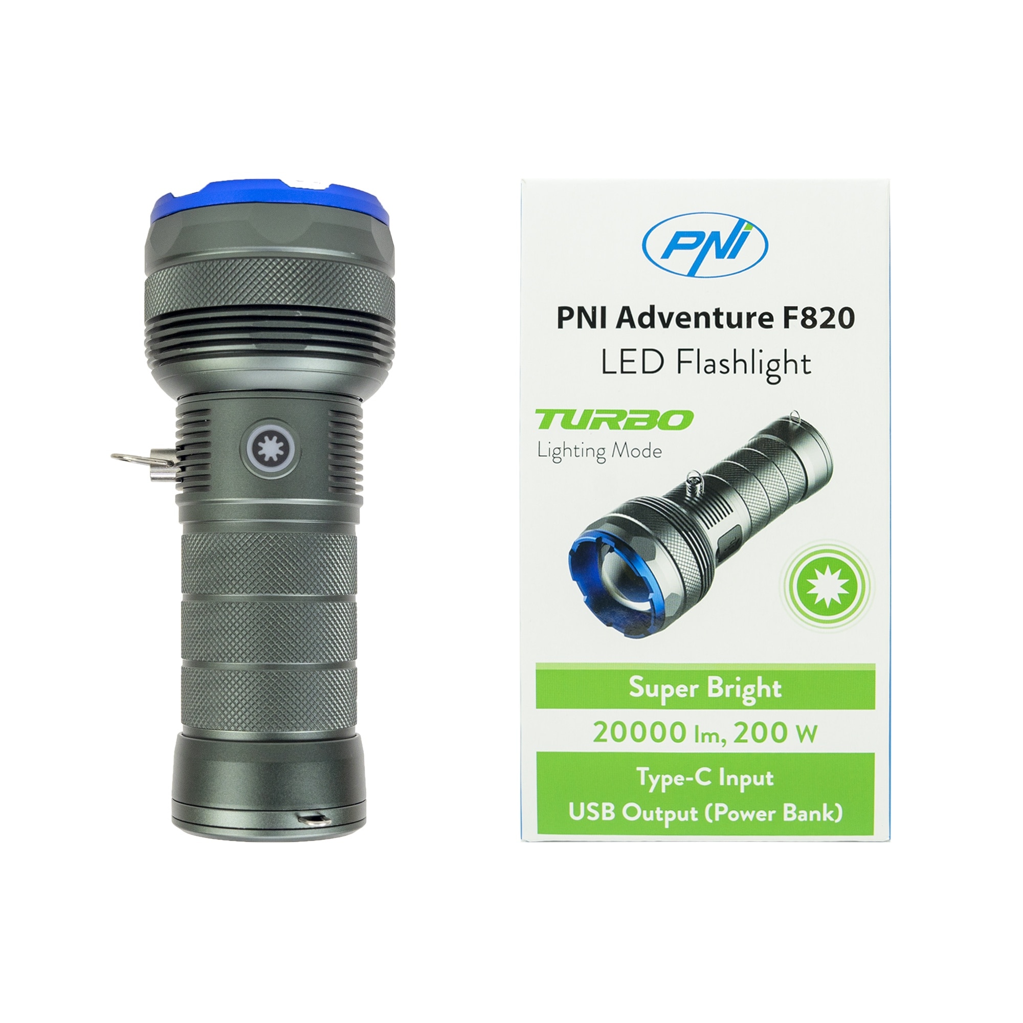 Lanterna PNI Adventure F820 200 W, 3 niveluri iluminare plus Turbo, 20000 lumeni, pana la 350 m, acumulator 2600 mAh, IPX7, functie Power BanK