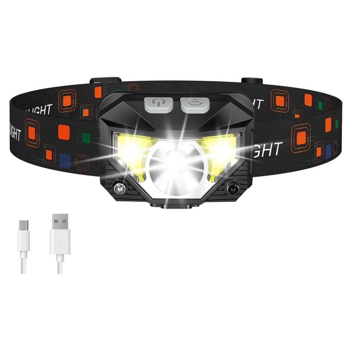 Челник, LED технология, 8 режима, сензор за движение, бяла/червена светлина, къмпинг, риболов, батерия, USB-C, тъмно сив