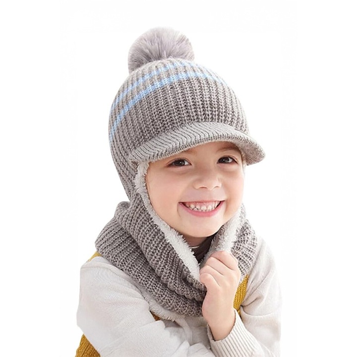 Caciula pentru copii, tip cagula, model cu cozoroc si pompom, accesoriu cute, tematica mica vedeta, 3 - 9, gri, EFAYN