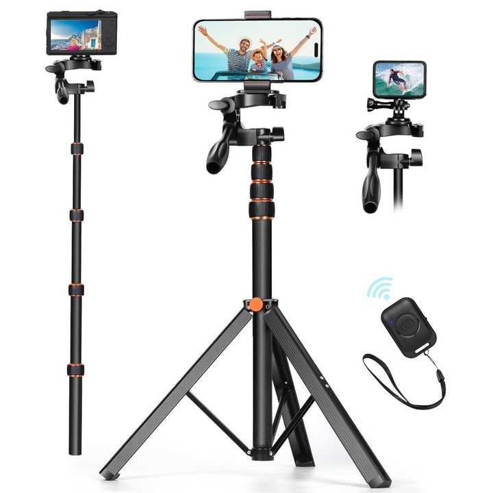 Професионален телескопичен статив за камера, телефон и GoPro, регулируем на 6 сегмента с Bluetooth дистанционно управление, H46-163cm, въртене на 360° и водоустойчив калъф за носене