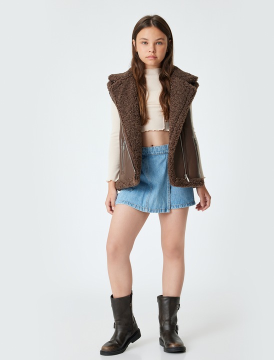 KOTON, Vesta de piele ecologica cu captuseala de blana shearling sintetica, Maro