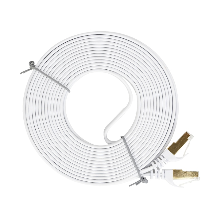 Cablu de retea plat S/STP CAT7 PNI U7075W, 2 x RJ45, 4 perechi de fire, 32AWG, cupru, 10 Gbps, 600 MHz, 7.5m, alb