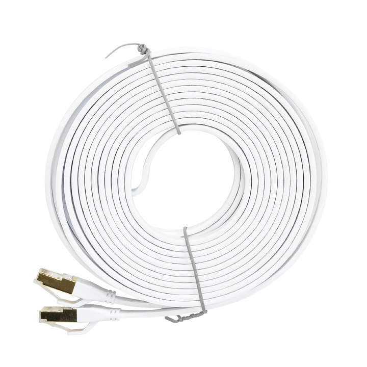 Плосък мрежов кабел S/STP CAT8 PNI U8075W, 2 x RJ45, 4 чифта проводници, 28AWG, меден, 40 Gbps, 2000 MHz, 7.5m, бял
