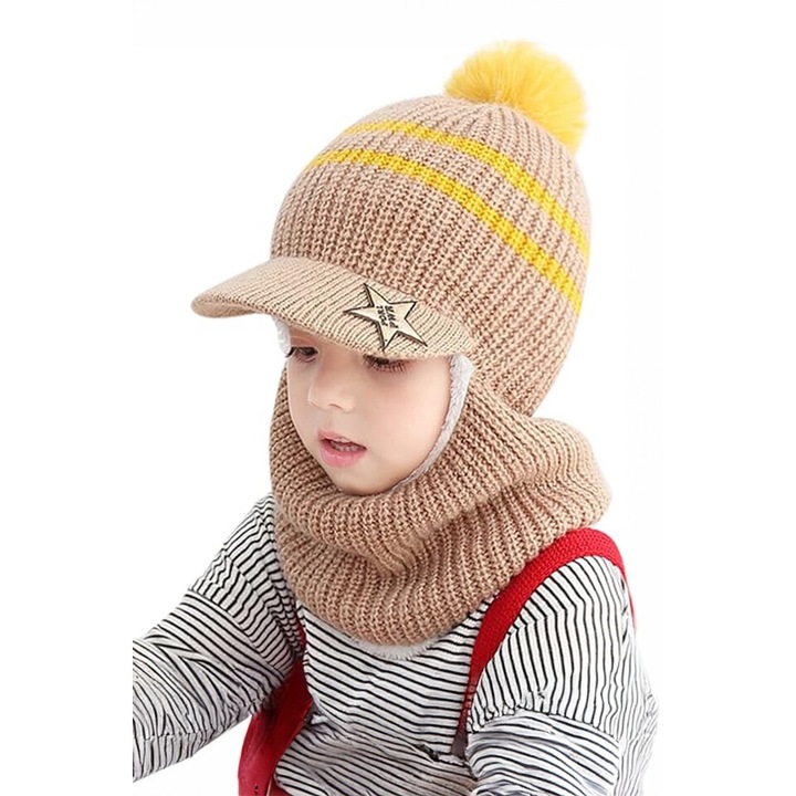 Caciula pentru copii, tip cagula, model cu cozoroc si pompom, accesoriu cute, tematica mica vedeta, 3 - 9, bej, EFAYN