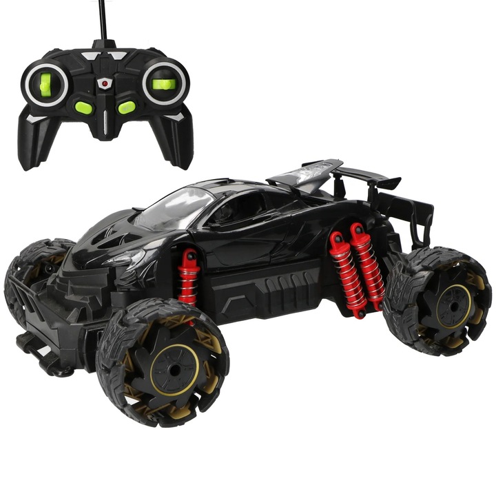 Masina cu Telecomanda RC 27 Mhz Spray Nail efect de Fum, Lumini LED, Drift si Rotire 360°, Roti Deformabile, Viteza mare, Negru