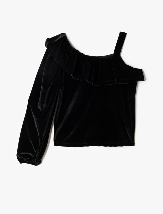 KOTON, Bluza catifelata cu volane si decolteu pe un umar, Negru, 146-152 CM