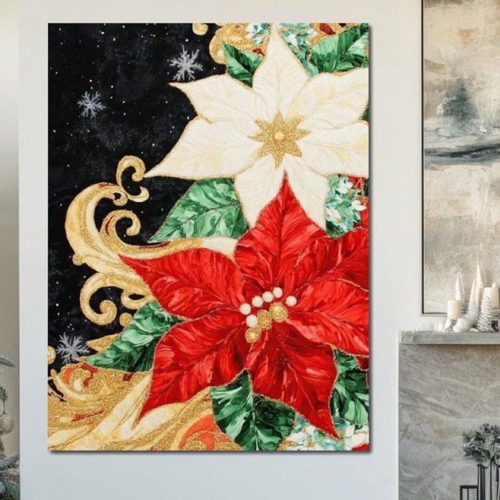 Премиум картина върху платно, LuxCanva® D1026, Коледна аранжировка, 100 X 135 СМ, 100% памучно платно 400 г/м2, дървена рамка, цветя, Коледа, червено, бяло, декор, хол, ярки цветове
