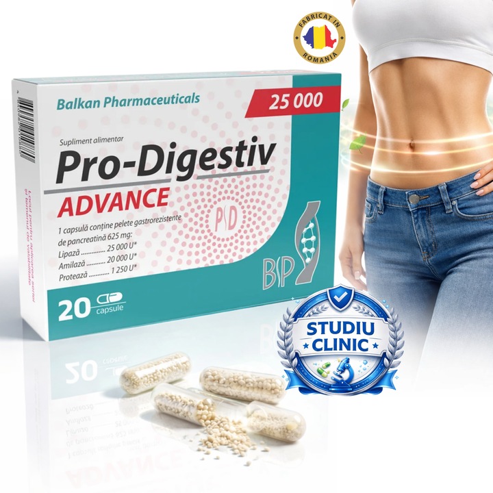 Supliment Alimentar Pro Digestiv ADVANCE, 25000 U, cu pelete gastrorezistente de pancreatina, efect de 20x mai puternic. Ajuta la digestia completa, reduce balonarea, potrivit pentru pancreas slabit, 20 capsule