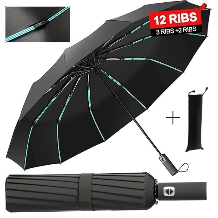 Сгъваем чадър за дъжд с калъф, против вятър, супер устойчивост, UV защита, 12 подсилени спици, автоматично отваряне и затваряне, компактен (32 см), диаметър 106 см, рамка от фибростъкло, 480 г, 1-2 човека, бързосъхнещ, стилен Черен дизайн