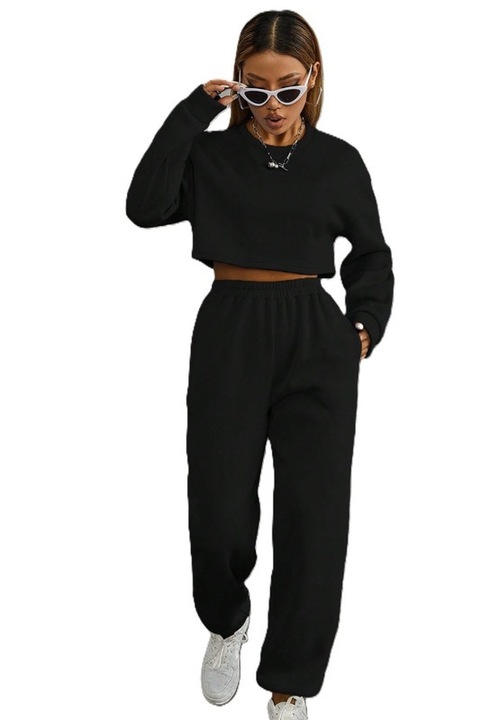 Trening Dama, Asortat, Bluza Cropped Si Pantaloni Talie Inalta, Negru