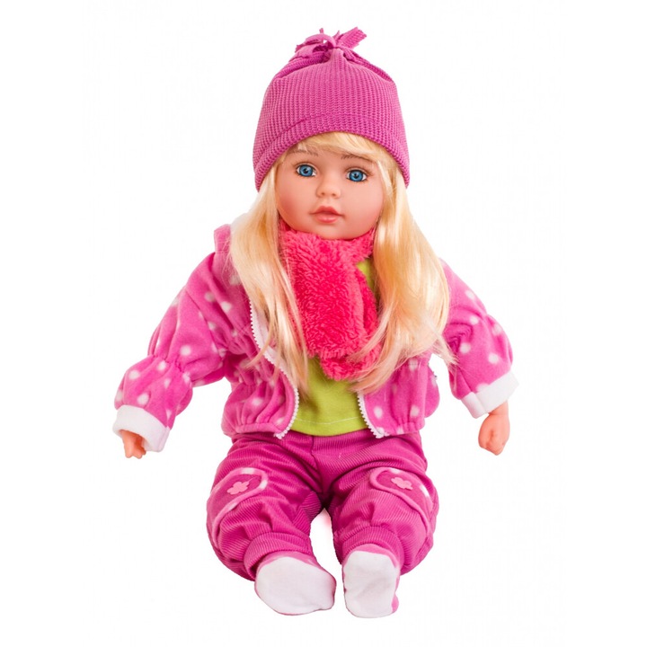 Papusa fetita Doris Sweet Girl 60 cm cu par blond, hainute roz, pantaloni din reiat, hanorac cu gluga, caciulita si fular, corp moale