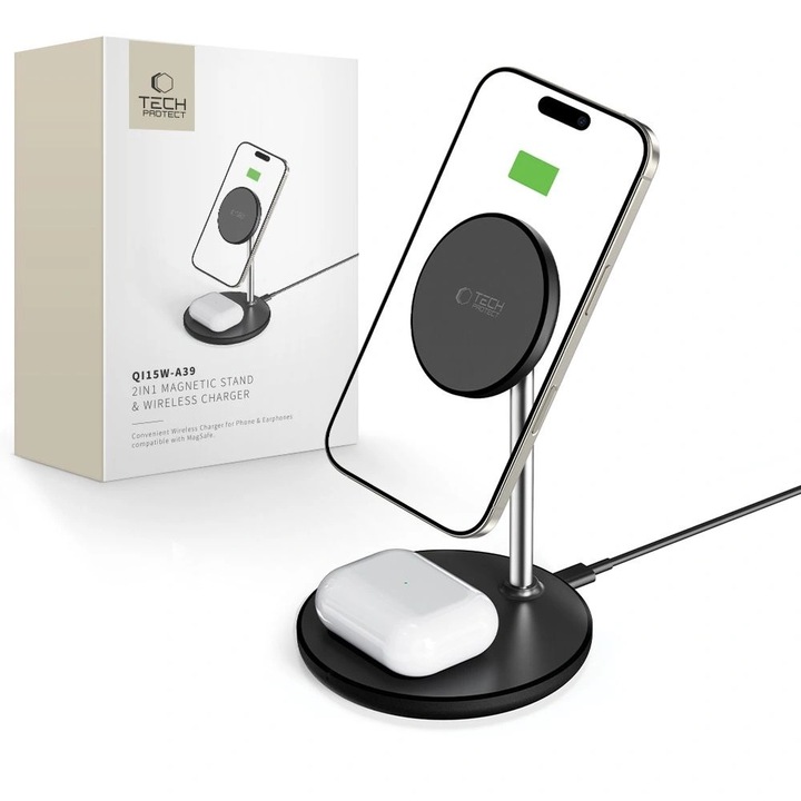 Incarcator wireless Tech-Protect QI15W-A39, 2in1, MagSafe, negru, set cu cablu USB-C 100cm