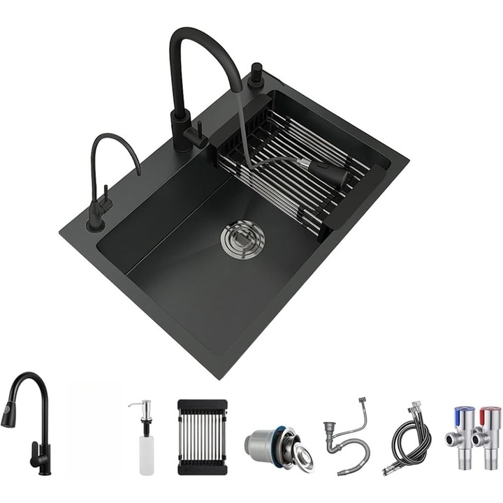Комплект кухненска мивка, Wacorresi, с изтеглящ се кран, дренажна кошница, входяща тръба за вода × 2, дренажен маркуч за оттичане, P ъглов вентил × 2, ъглов вентил X2, НАНО ПОКРИТИЕ, 200 MM ДЪЛБОЧИНА, 750X450 mm, черно