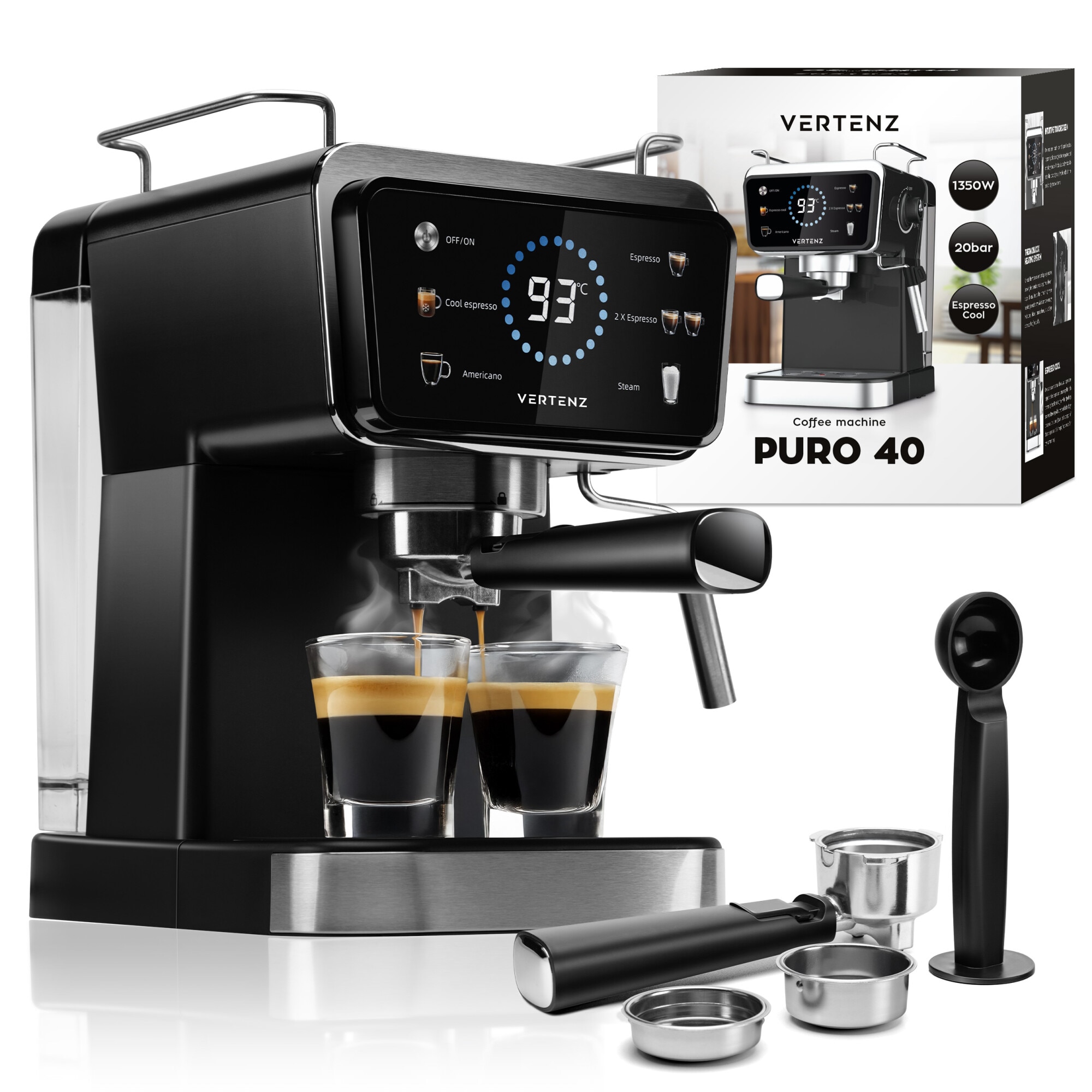 Espressor Vertenz Puro 40, 20 bar, 1350 W, sistem de incalzire termoblock, posibilitatea de a crea un espresso rece, 5 tipuri de bauturi, Negru