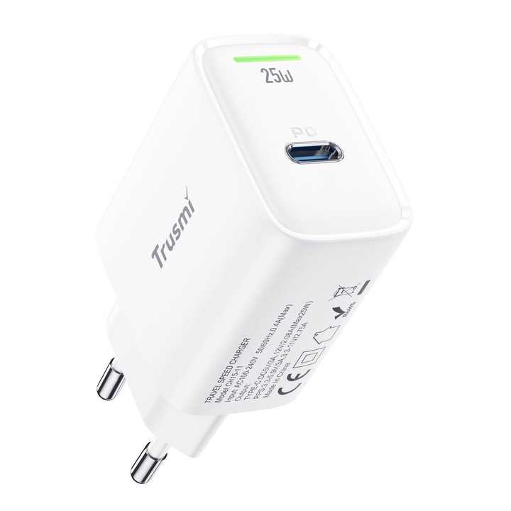 Incarcator Retea/Priza TRUSMI CH15-11 Incarcare Rapida max 25W, USB Type C Indicator LED, Compatibilitate Universala, Multiple Protectii, Alb