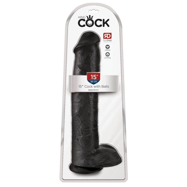 Dildo XXL cu Prindere, King Cock, 38,1cm, PVC, Negru