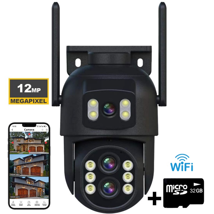 Loosafe® ZoomDuo Ultra тройна WIFI CCTV камера за видеонаблюдение, 12MP, 3 обектива, за външна/вътрешна употреба, Ultra HD 4K, 10x оптично увеличение, въртене, LED светлини, двупосочна комуникация, съхранение на карта/облак, сензор за движение, черна