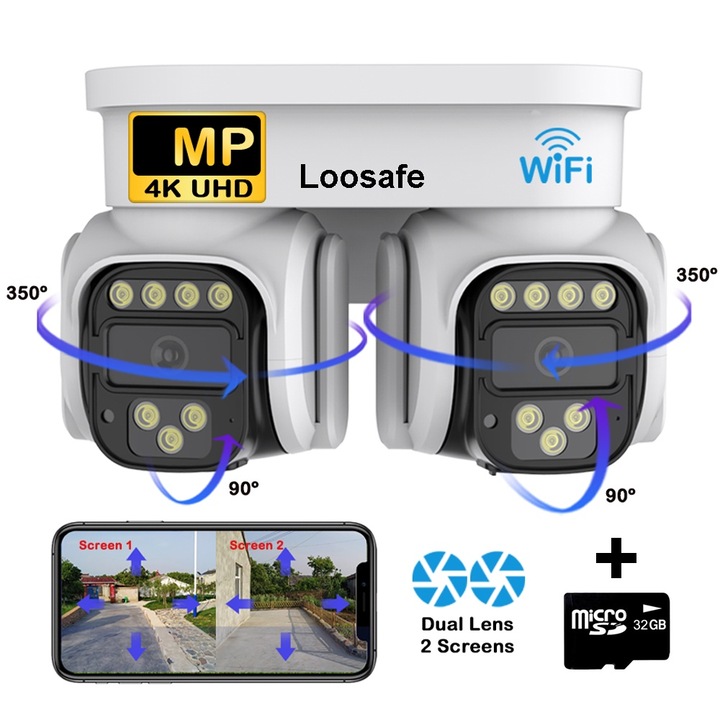 Loosafe DualVision Pro WIFI двойна камера за видеонаблюдение, 10MP, външна/вътрешна, Ultra HD 4K, 4X увеличение, ротация, LED светлина, двупосочна комуникация, карта/облачно съхранение, сензор за движение, бял