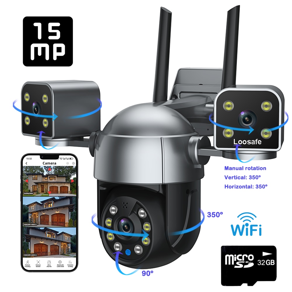 Camera De Supraveghere Video CCTV Tripla WIFI Loosafe® TriShield Cam Max, 15MP, Exterior/Interior, Ultra HD 4K, 4X Zoom, Rotire, Leduri Lumina, Comunicare Bidirectionala, Stocare Card/Cloud, Senzor Miscare, Negru