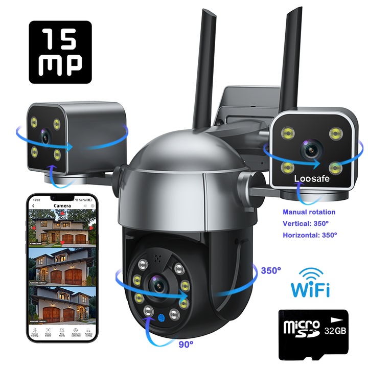 Камера за видеонаблюдение Triple WIFI Loosafe TriShield Cam, 15MP, Outdoor/Indoor, Ultra HD 4K, 4X Zoom, Rotation, LED Light, двупосочна комуникация, Card/Cloud Storage, Motion Sensor, Black