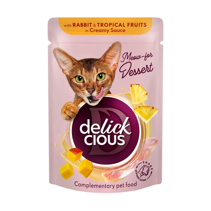 Fasii de carne de iepure DELICKCIOUS, cu fructe tropicale in sos cremos, pentru pisici, 12x80g