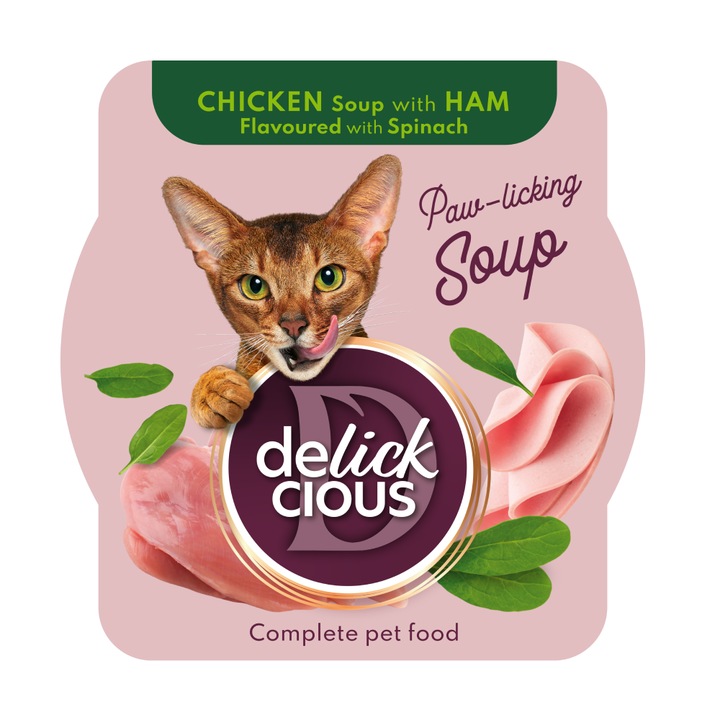 Supa de pui DELICKCIOUS, cu aroma de sunca si spanac, pentru pisici adulte, 12x80g