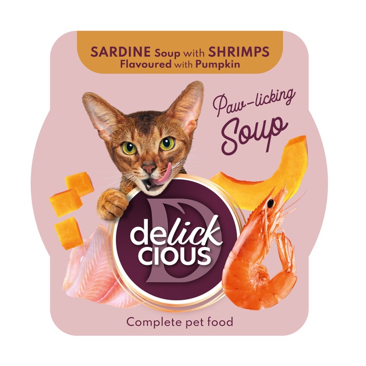 Supa de sardine DELICKCIOUS, cu aroma de creveti si dovleac, pentru pisici adulte, 12x80g