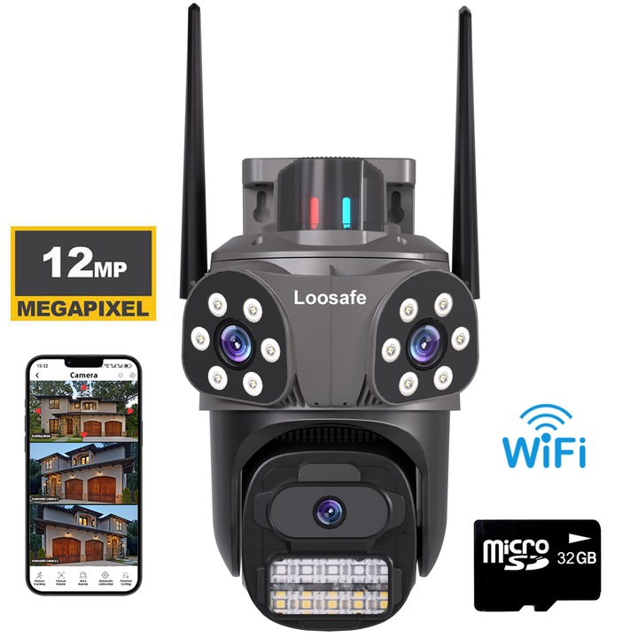 Loosafe SecureSight Тройна безжична камера за видеонаблюдение, 12MP, На открито/Вътрешно, Ultra HD, 5X увеличение, Завъртане, LED светлина, WiFi функция, PTZ, Двупосочна комуникация, Сензор за движение, Нощно виждане, Сирена, Черен