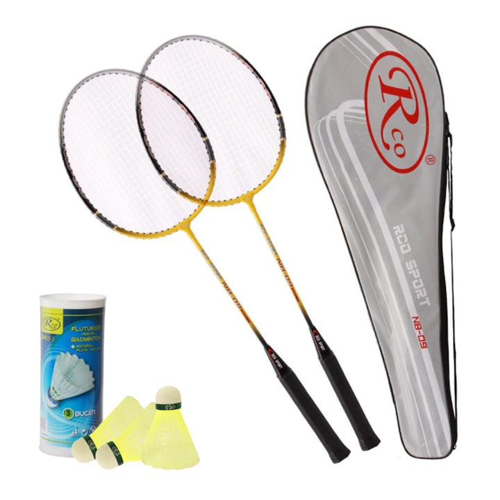 Set Rachete Badminton Aluminiu RCO®, 2 bucati culoare negru/galben, Husa Cover Total, 3 fluturasi din naylon, NB1005C