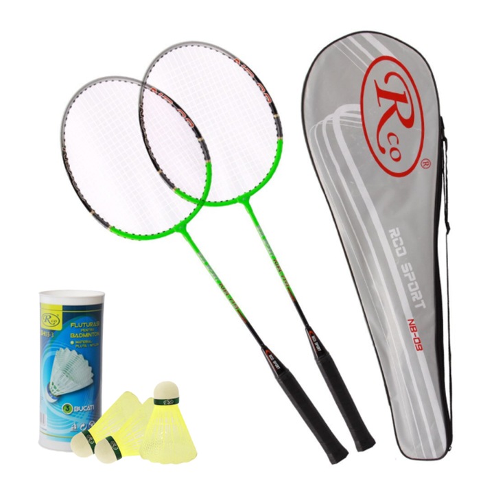 Set Rachete Badminton Aluminiu RCO®, 2 bucati culoare negru/verde, Husa Cover Total, 3 fluturasi din naylon, NB1005A