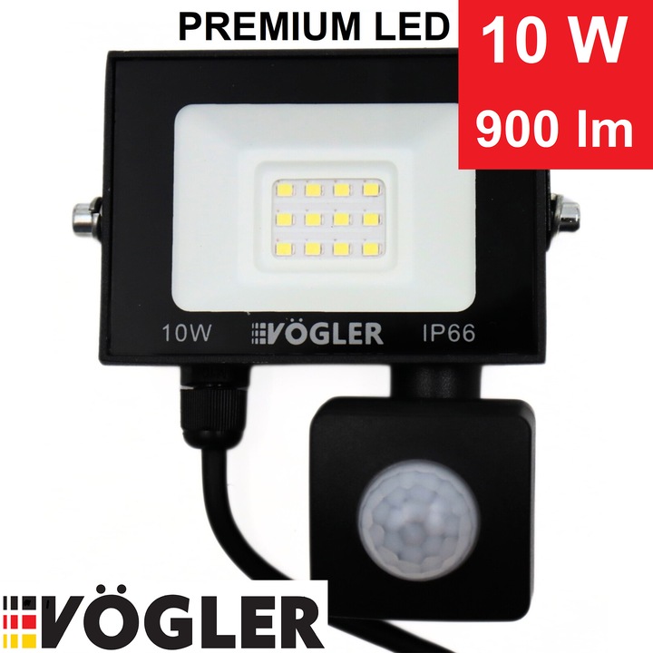 Proiector LED 10W VÖGLER™ 900 lm, IP66, senzor de miscare si crepuscul, subtire, alb rece 6500 K, halogen, reflector, luminator, floodlight de iluminat