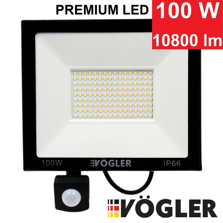 Proiector LED 100W VÖGLER™ 10800 lm, IP 66, senzor de miscare si crepuscul, subtire, alb rece 6500 K, halogen, reflector, luminator, floodlight de iluminat