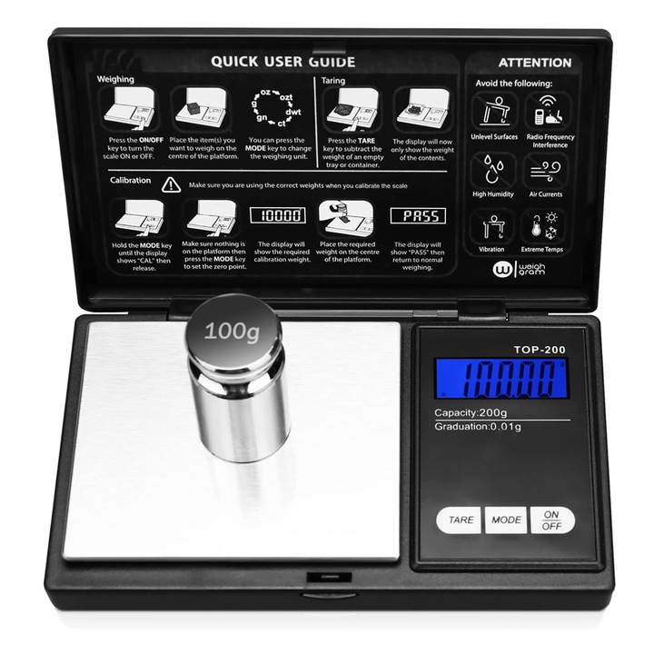 Cantar de Bujuterii Teno®, afisaj digital, gramaj 500 x 0.01, functie tara, portabil, precizie ridicata, de buzunar, cantarire universala, alimente/bijuterii/obiecte, alimentare pe baterii, negru