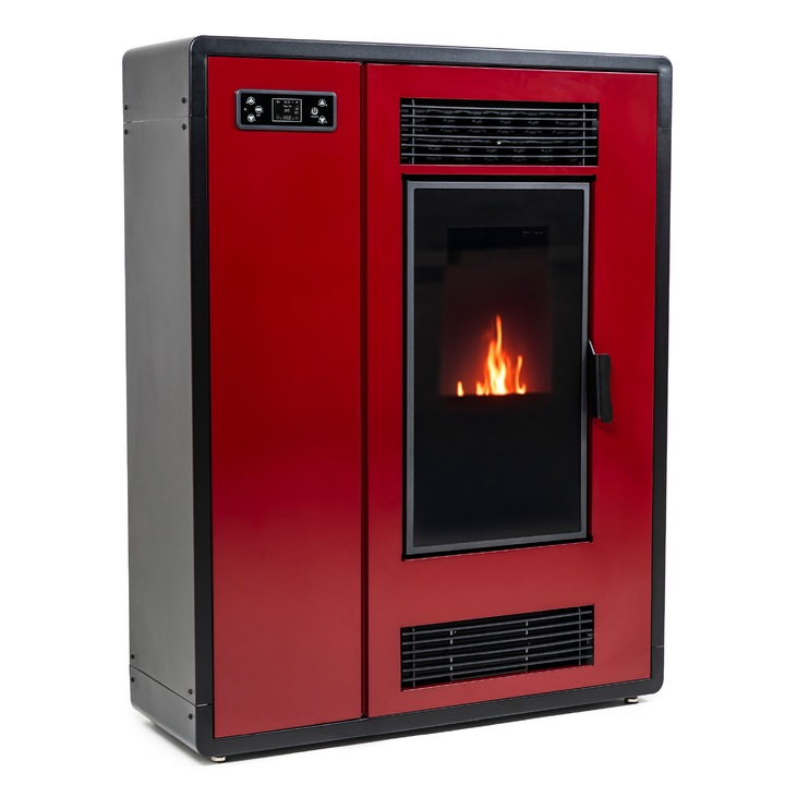 Semineu pe peleti Thunder Aria-Red 7.5 KW, Capacitate de stocare de 15 kg, soba recomandat pentru 80 mp, Clasa de eficienta energetica: A+, Rosu